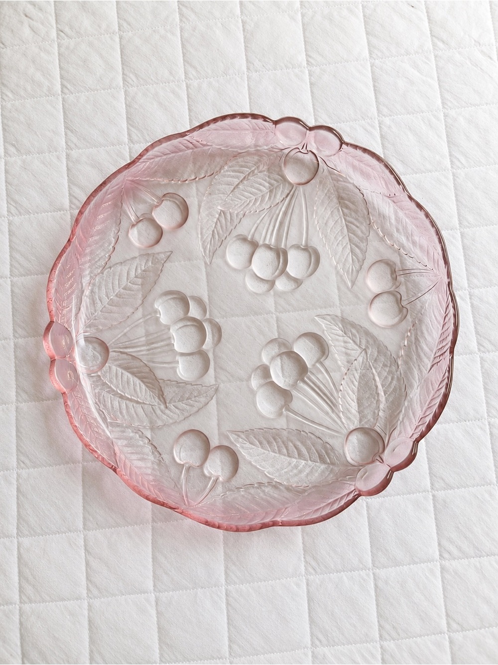 Vintage Pink Frosted Glass Cherry Platter Scalloped Serving Plate 11.5"